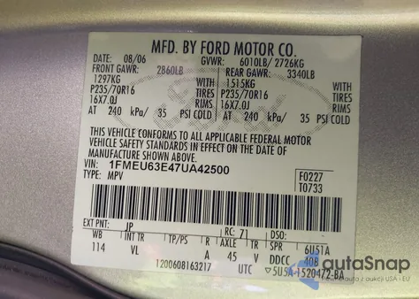 2007 Ford Explorer Xlt из США, поврежденный, VIN 1FMEU63E47UA42500